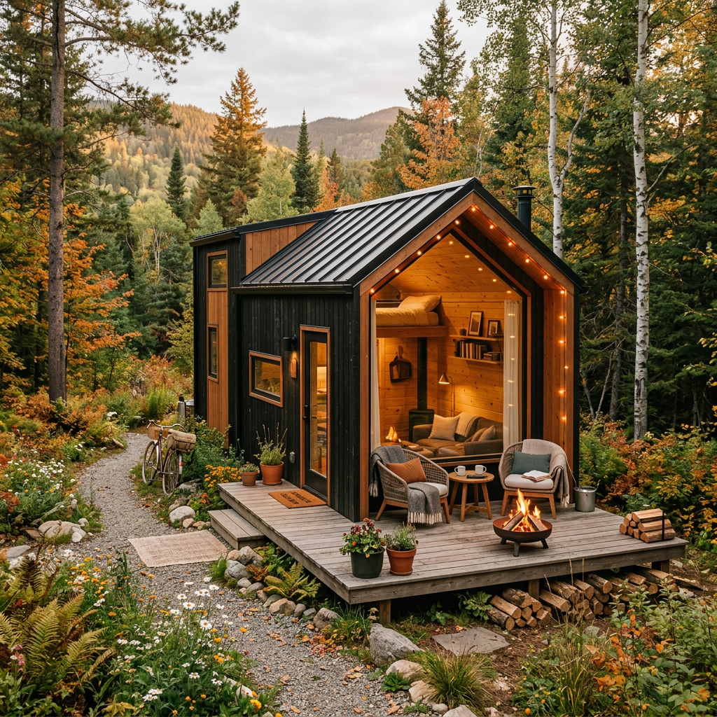 Modern tiny cabin in forest with seating area and fire pit on deck