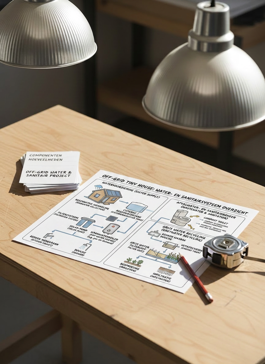 Diagram showing water and sanitation system overview for off-grid tiny house