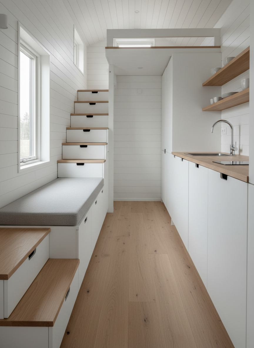 A bright, Scandinavian-style tiny house interior with white shiplap walls, pale oak flooring, and a built-in L-shaped bench with integrated storage drawers. A compact galley kitchen with matte white cabinetry and a slim wooden countertop runs along one wall, while a narrow staircase with hidden storage leads to a loft. Soft natural light enters through a large side window, creating delicate highlights on the wood surfaces and a warm, inviting atmosphere. Shot from the entrance at eye level, the composition reveals the full length of the space with sharp focus, emphasizing clever space-saving solutions and clean, professional photographic realism.