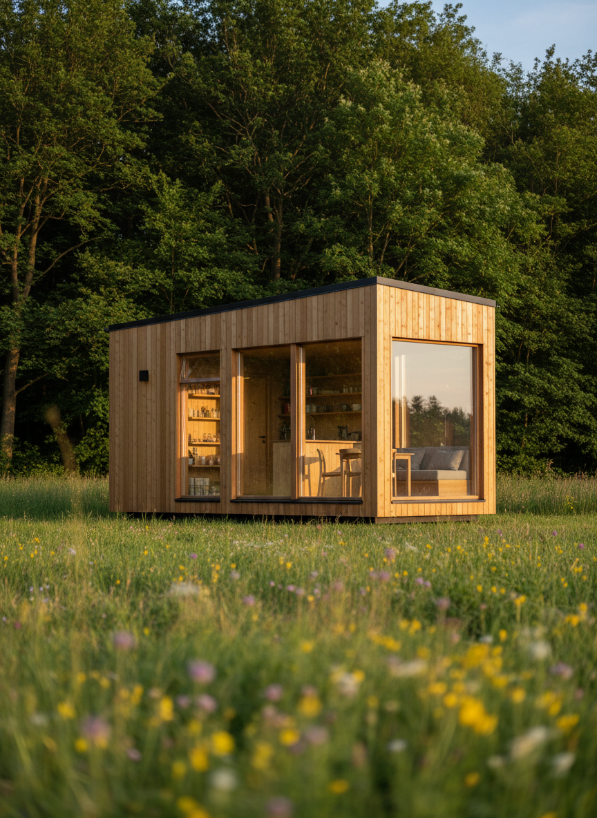 A modern compact tiny house clad in light cedar wood with a dark metal roof, positioned in a lush green meadow at the edge of a forest. Large floor-to-ceiling windows reveal a simple interior with light oak finishes and built-in storage. Soft late afternoon sunlight washes over the façade, creating gentle shadows in the vertical wood grain and subtle reflections on the glass. Shot at eye level with a slightly wide angle, the foreground shows wildflowers in soft focus, while the tiny house remains crisp and detailed. The mood is calm, aspirational, and practical, emphasizing efficient design and connection with nature in clean, photographic realism.