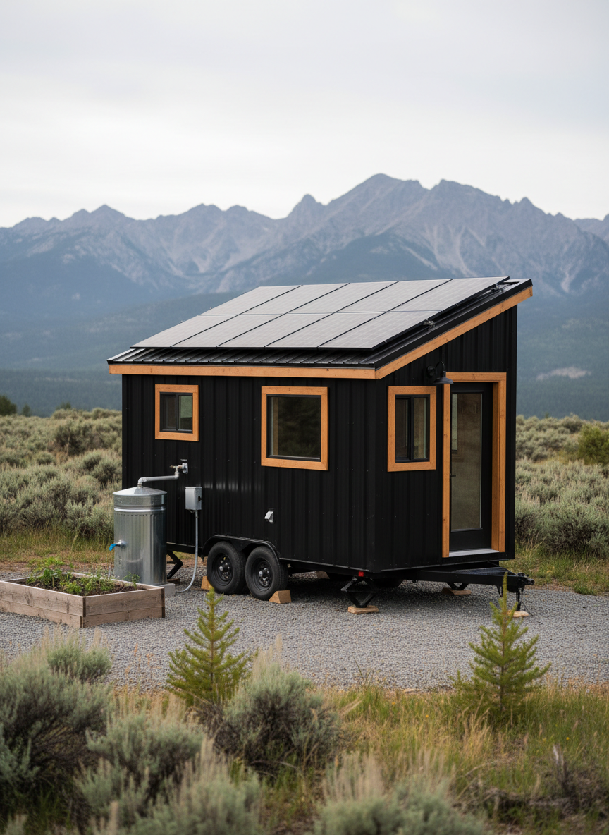 A compact off-grid tiny house on wheels with matte black siding and natural wood trim, parked on a gravel pad surrounded by low mountain vegetation. Solar panels are mounted neatly on the roof, and a small rainwater collection tank sits beside the structure. Early morning diffused light from an overcast sky creates soft reflections and minimal harsh shadows, emphasizing the practical details of the installation. Photographed from a three-quarter angle, the tiny house occupies the right third of the frame, with mountains fading into a gentle bokeh background. The mood is self-sufficient and pragmatic, showcasing realistic, professional photographic detail suited for a tiny house deals and inspiration blog.