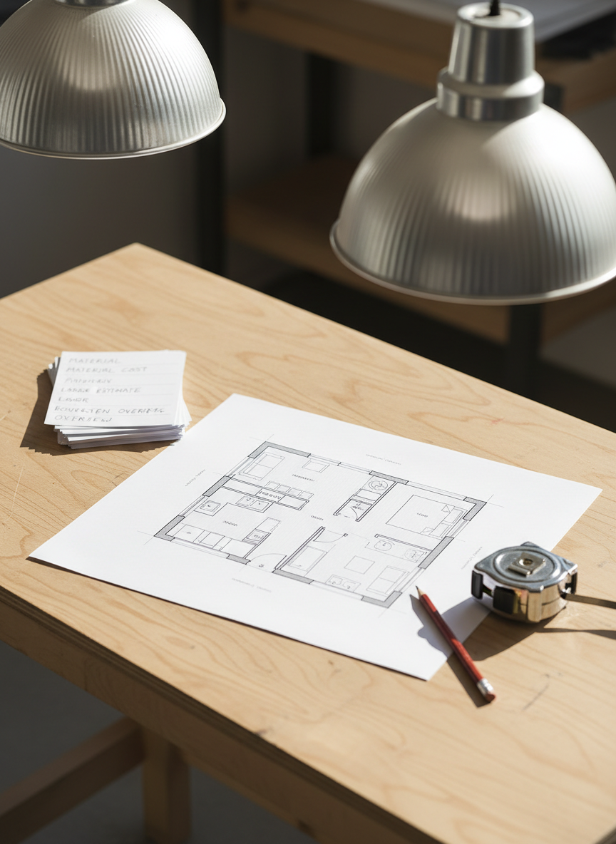 A minimalist tiny house floor plan printed on crisp white paper, spread out on a smooth plywood worktable inside a bright workshop. Next to the plan lies a metal tape measure, a sharpened carpenter’s pencil, and a small stack of neatly labeled cost estimate sheets. Overhead industrial lights cast soft, even illumination, creating gentle shadows along the paper’s edges and highlighting the fine black linework. Captured from a slightly elevated perspective with sharp focus throughout, the composition is organized and uncluttered. The atmosphere feels professional and analytical yet accessible, conveying careful planning of tiny house bouwkosten in a realistic, documentary-style photographic image.